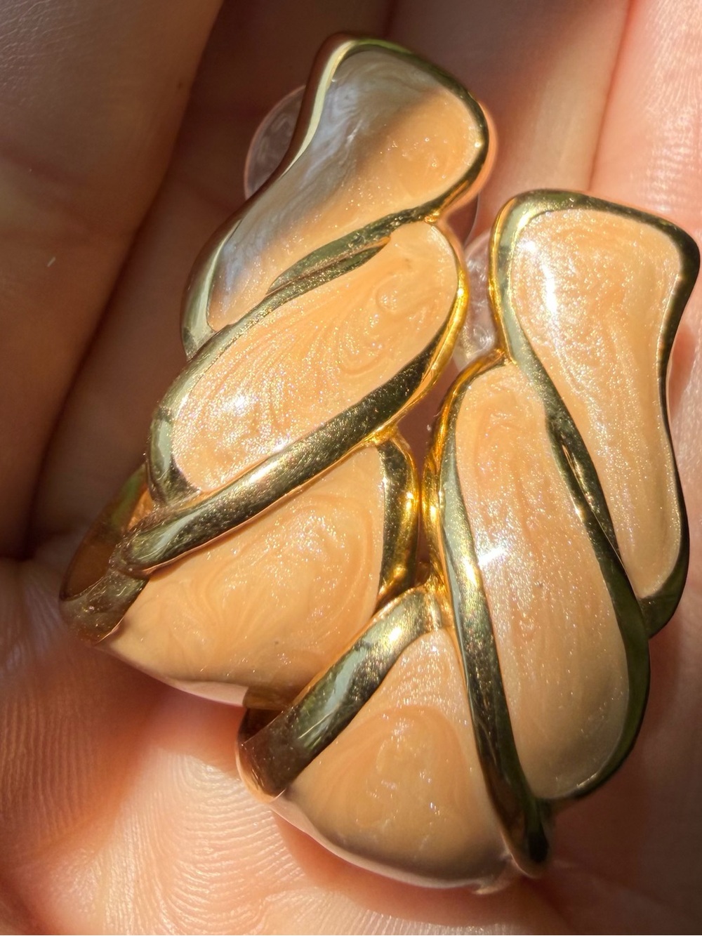 Signed Vintage Napier Gold-Tone Peach Enamel Leaf Earrings